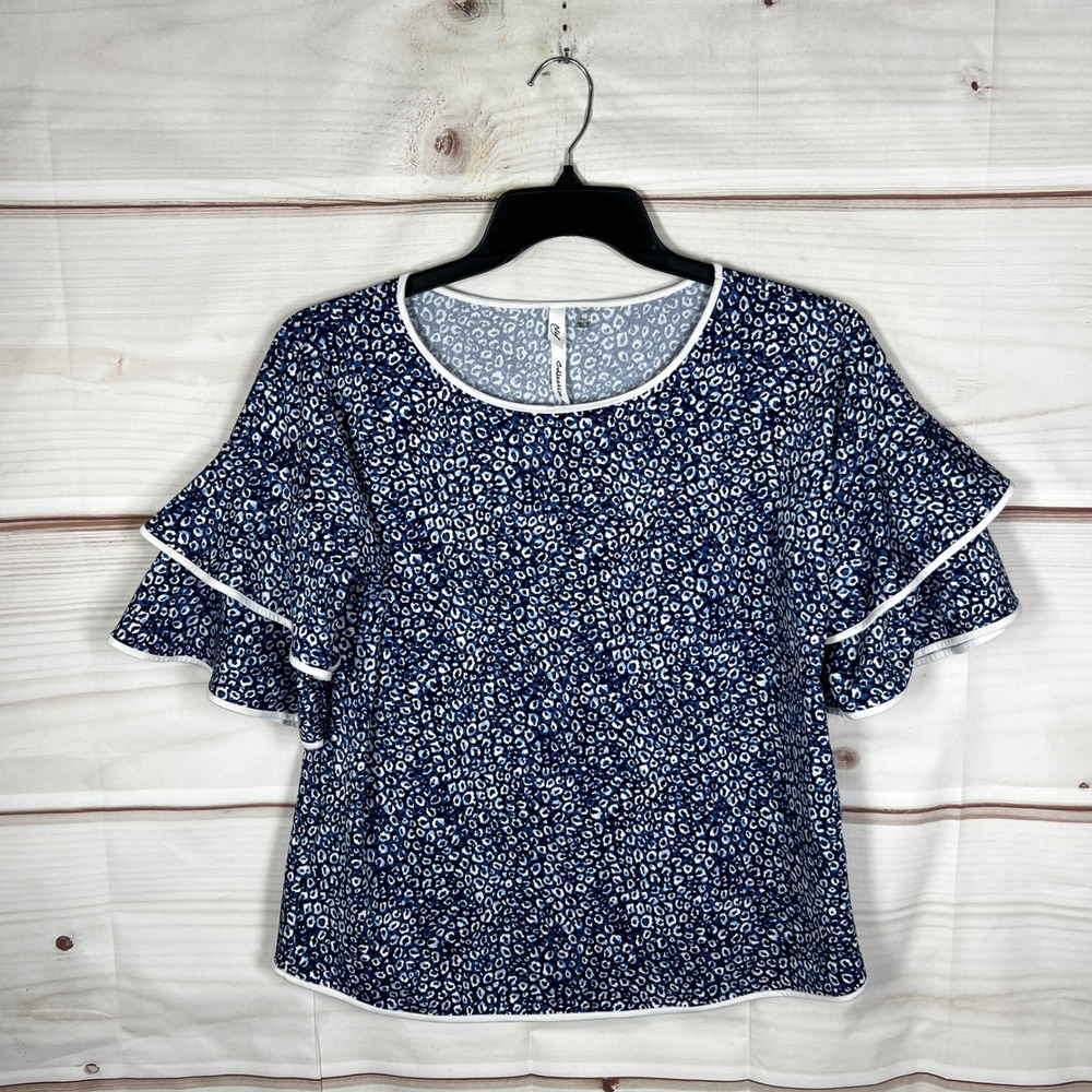 NY Collection Leopard Blouse Women XL Blue Flutter Tiered Sleeve Top Office Wear